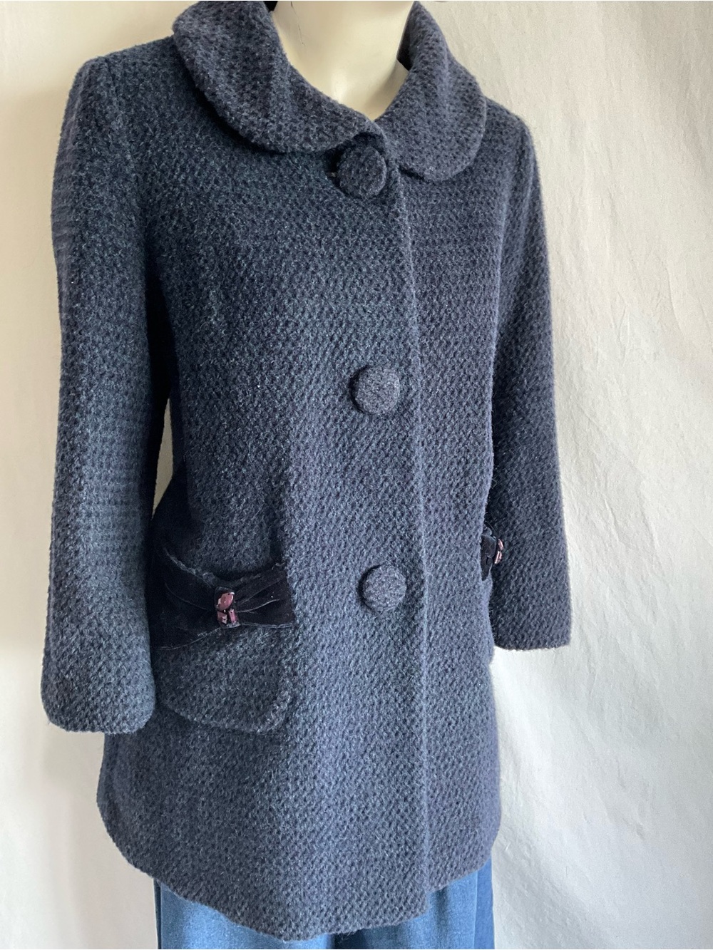 Pollari Wool Alpaca Coat Blue Velvet Bow Peter Pan Collar Romantic Vintage Style